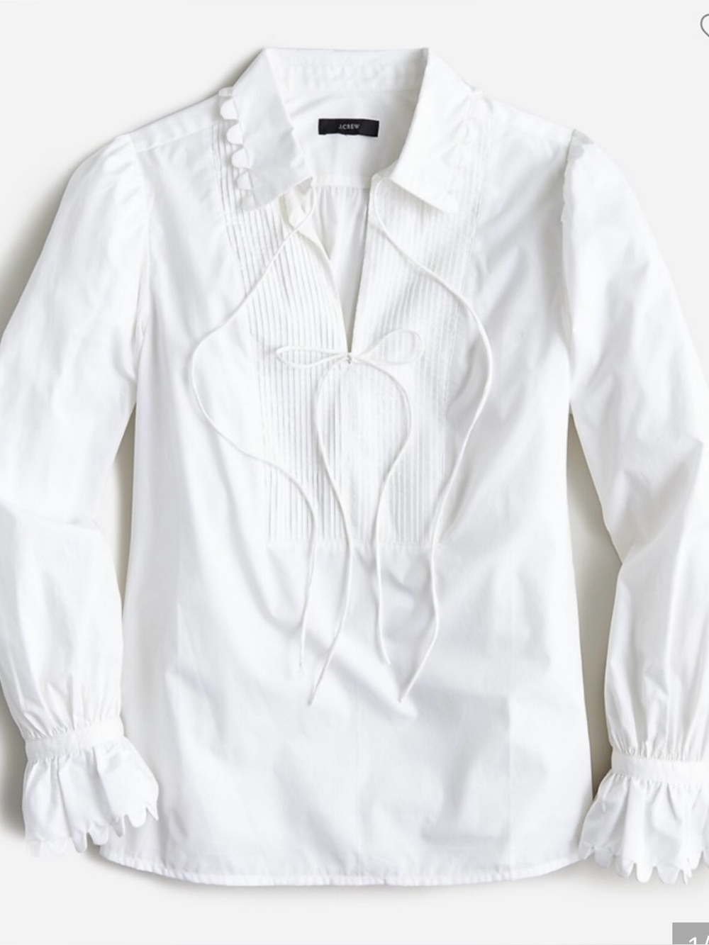 J. Crew White Pintuck Tie-Front Blouse with Ruffled Cuffs